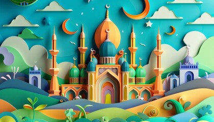 Celebrate Ramadan with a detailed mosque and crescent moon made from colorful paper quilling, paper art style Sharpen banner template with copy space on center