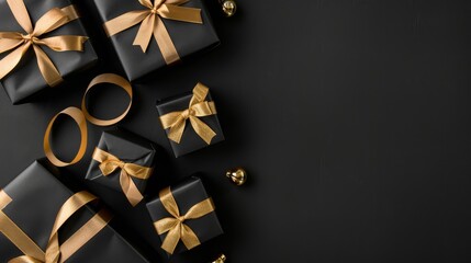 Present gift boxes wrapped in black paper with gold ribbon, arranged on a black background, Ai Generated - Powered by Adobe