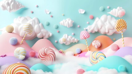 Colorful pastel candy landscape delights the senses, inviting a playful and sweet adventure, Sharpen banner template with copy space on center
