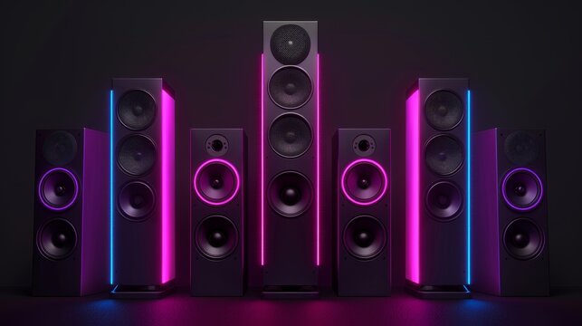 Sound speakers on a dark background with neon lights create a visually captivating setup for listening to music, Ai Generated