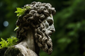 Weathered stone sculpture of a man's head with curly hair and leaves