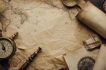 Creative flat lay template of historical artifacts and old manuscripts, reflecting ancient cultures, with solid background and copy space on center