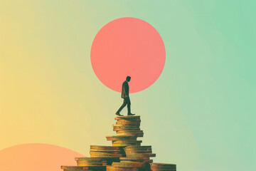 An illustration of a man walking on a pile of coins. Money and finance concept