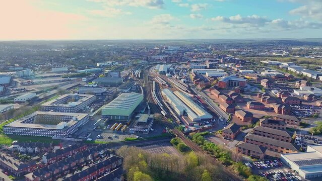 City panorama of Derby, UK Warehouses and businesses are stretched along the railway