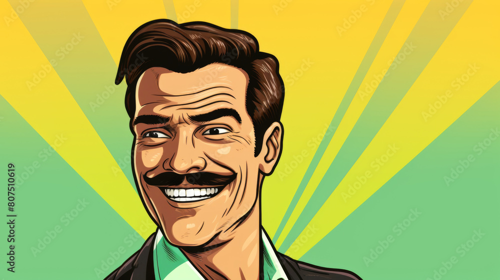 Poster a man with a mustache is smiling and looking at the camera