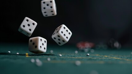 Two white dice falling onto a table with a black background, representing casino gambling and casting lots, Ai Generated