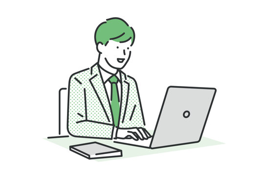 ノートパソコンで仕事をするスーツを着た男性