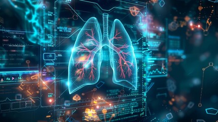 Digital illustration of human lungs with medical data overlays, emphasizing advanced diagnostic capabilities, Sharpen banner template with copy space on center