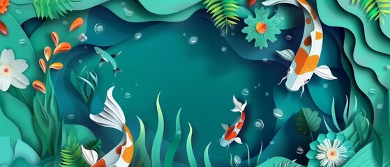 Dive into the underwater world where lucky koi fish swim amidst flowing water plants