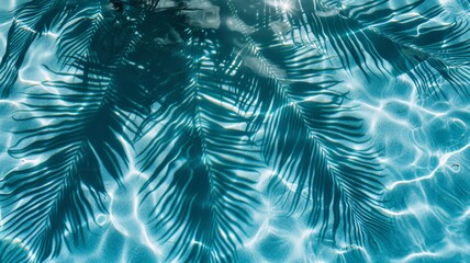 Top view of tropical leaf shadow on pool water surface. Beautiful abstract background concept banner.