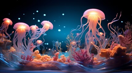 Naklejka premium Glowing jellyfish underwater scene