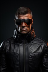 Obraz premium Mysterious man in black leather jacket and sunglasses