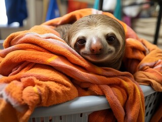 Cute sloth wrapped in orange blanket