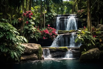 Lush tropical waterfall in a verdant jungle landscape