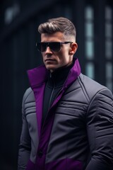 Fototapeta premium Stylish man in purple and gray winter coat