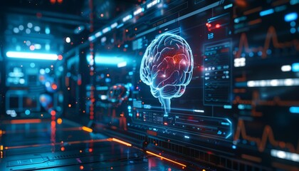 Futuristic visual metaphor of AI and machine learning in healthcare depicting complex algorithms optimizing patient care, Sharpen banner template with copy space on center