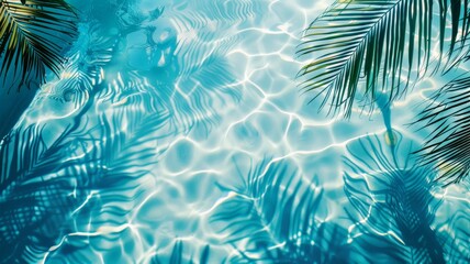 Top view of tropical leaf shadow on pool water surface. Beautiful abstract background concept banner.