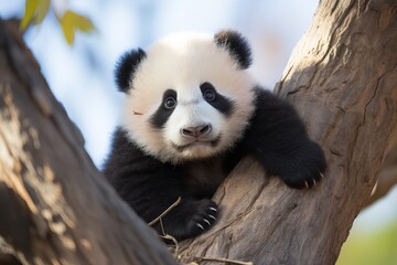Adorable panda bear resting on tree trunk