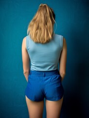 woman in blue outfit standing against blue background