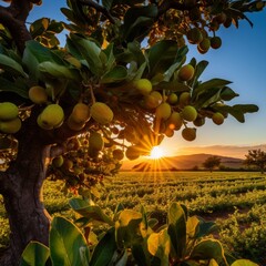 Sunset over a fruit orchard