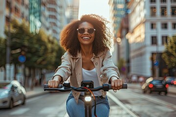 A cheerful curly-haired girl rides a motorbike around the city.