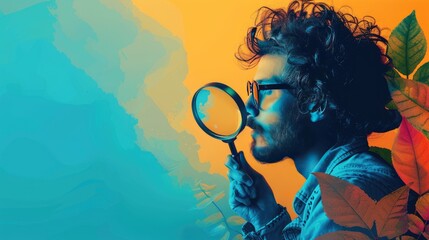 A curly-haired man wearing glasses with a magnifying glass on an abstract background.