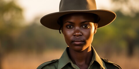 Portrait of a serious young woman in safari attire