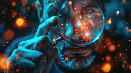 A man examines something glowing through a magnifying glass.