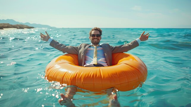 A happy man with outstretched arms on an inflatable circle in the sea. An unforgettable summer vacation with adventures.
