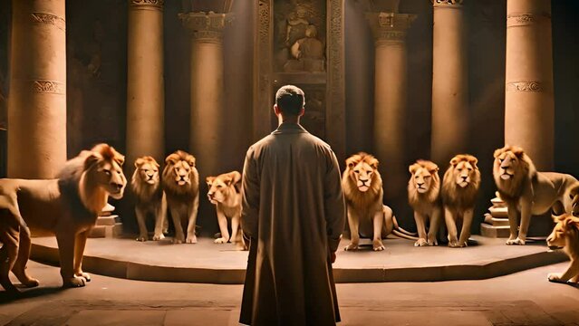 Daniel in the lions' den. Daniel and the Very Hungry Lions. Digital watercolor painting