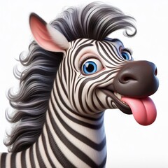 a photorealistic whimsical cartoon zebra with a mischievous grin. The zebra has blue eyes and long fur
