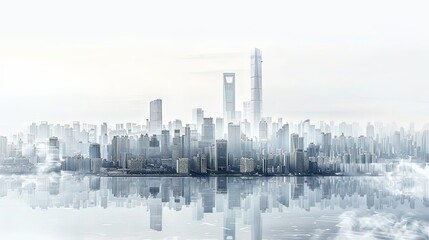cities with world's tallest skyscrapers reflected in calm waters under a white sky