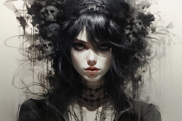 dark gothic fantasy woman with skulls and flowers