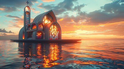 A hightech church on a floating platform, with holographic stained glass windows and solar panels reflecting the sunset