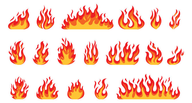 Fire flames, bright fireball, heat wildfire and red hot bonfire, campfire, red fiery flames isolated vector illustration set. Animated form and square, fireball and flame