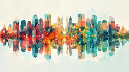 cityscape kaleidoscope featuring a towering skyscraper, a bustling street, and a serene river flowing through the center