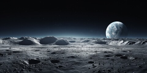 Dramatic lunar landscape with craters and mountains under a large moon