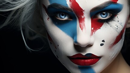 dramatic face makeup with blue and red paint strokes