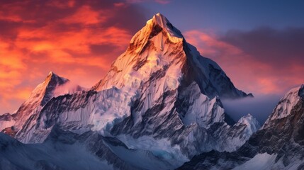 Majestic snow-capped mountain peak at sunset