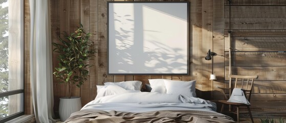 The light bedrooms rustic interior is complemented by a square blank poster frame mockup, 3D render sharpen