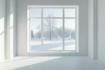 empty room in white color with winter landscape in window. Scandinavian interior design.