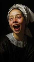 joyful woman laughing with head scarf
