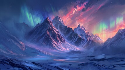 A magical aurora borealis over a majestic snowy mountain range