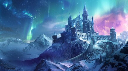 A magical castle under the aurora lit night sky