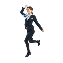 ジャンプする接客業の女性の全身写真