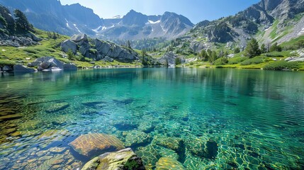 crystal clear mountain lakes surrounded by lush green trees under a clear blue sky - Powered by Adobe