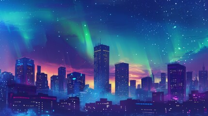 A vibrant city under the magical aurora of a neon lit sky