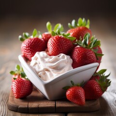 Fresh strawberries with whipped cream in a white bowl