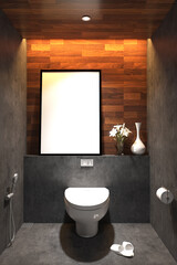 3d rendering illustration of interior toilet minimalist style with frame mock up. Gray concrete, timber wood wall finish, Cement tile floor finish and white ceiling. Set 7