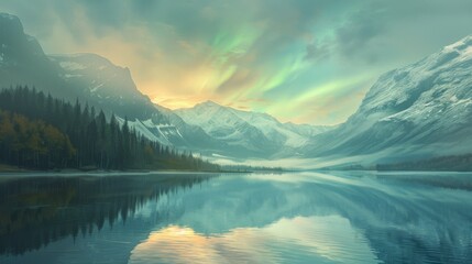 Aurora over tranquil mountain lake at dusk